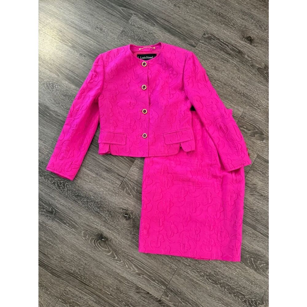 Louis Feraud Vintage Bright Embossed Skirt and Jacket Set